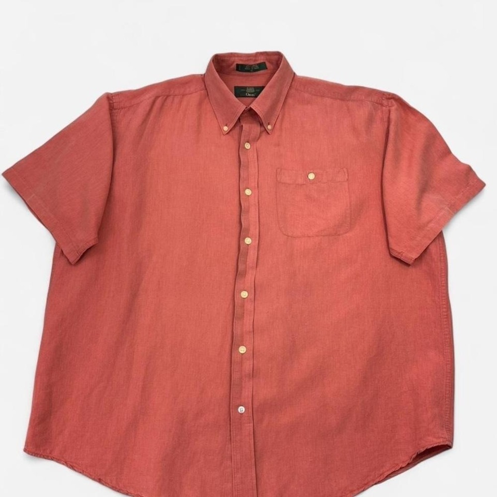 Orvis Linen Blend Button Up Shirt Mens XL Orange Short Sleeve Casual Summer 0221